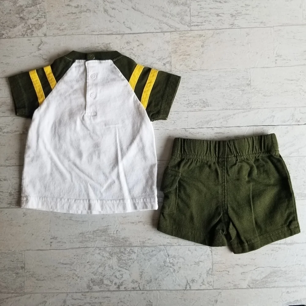 Born to Explore Carter's 3 mo olive green and yellow short/shirt set